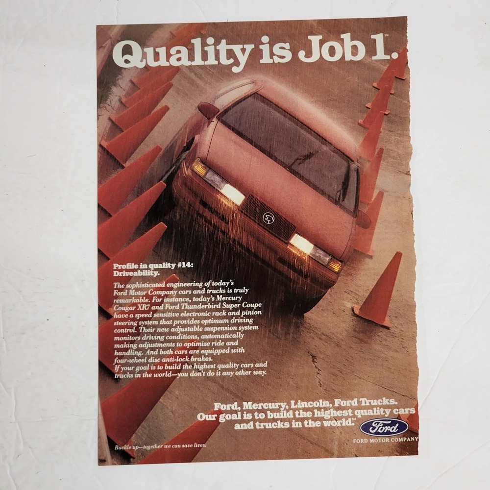 Vintage Print Ad FORD red car rain orange cones Driveability clipping 1990 8x10